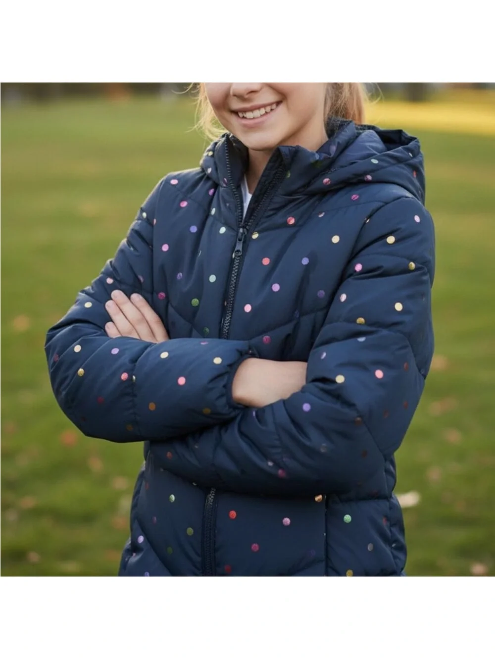 SWISSTECH Girls Navy Blue Polka Dot Confetti Puffer Coat Hooded Girls Medium 7-8